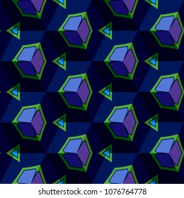 Isometric cube with a surface covered with geometric ornaments. Completely seamless, colorful cube pattern background. Optical illusion. Ornament with three-dimensional effect.