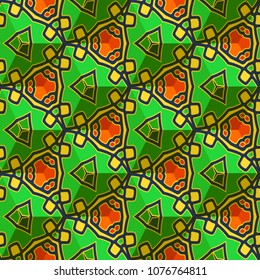 Isometric cube with a surface covered with geometric ornaments. Completely seamless, colorful cube pattern background. Optical illusion. Ornament with three-dimensional effect.