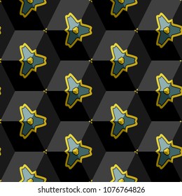 Isometric cube with a surface covered with geometric ornaments. Completely seamless, colorful cube pattern background. Optical illusion. Ornament with three-dimensional effect.