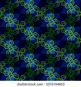 Isometric cube with a surface covered with geometric ornaments. Completely seamless, colorful cube pattern background. Optical illusion. Ornament with three-dimensional effect.