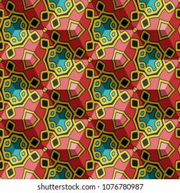 Isometric cube with a surface covered with geometric ornaments. Completely seamless, colorful cube pattern background. Optical illusion. Ornament with three-dimensional effect.