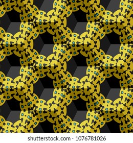 Isometric cube with a surface covered with geometric ornaments. Completely seamless, colorful cube pattern background. Optical illusion. Ornament with three-dimensional effect.