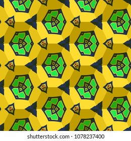 Isometric cube with a surface covered with geometric ornaments. Completely seamless, colorful cube pattern background. Optical illusion. Ornament with three-dimensional effect.