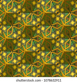 Isometric cube with a surface covered with geometric ornaments. Completely seamless, colorful cube pattern background. Optical illusion. Ornament with three-dimensional effect.