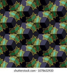 Isometric cube with a surface covered with geometric ornaments. Completely seamless, colorful cube pattern background. Optical illusion. Ornament with three-dimensional effect.