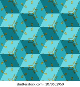 Isometric cube with a surface covered with geometric ornaments. Completely seamless, colorful cube pattern background. Optical illusion. Ornament with three-dimensional effect.