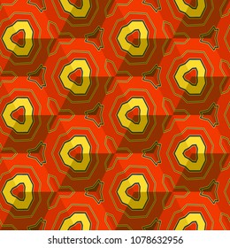 Isometric cube with a surface covered with geometric ornaments. Completely seamless, colorful cube pattern background. Optical illusion. Ornament with three-dimensional effect.