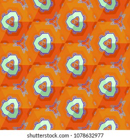 Isometric cube with a surface covered with geometric ornaments. Completely seamless, colorful cube pattern background. Optical illusion. Ornament with three-dimensional effect.