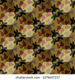 Isometric cube with a surface covered with geometric ornaments. Completely seamless, colorful cube pattern background. Optical illusion. Ornament with three-dimensional effect.