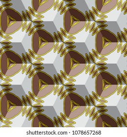 Isometric cube with a surface covered with geometric ornaments. Completely seamless, colorful cube pattern background. Optical illusion. Ornament with three-dimensional effect.