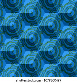 Isometric cube with a surface covered with geometric ornaments. Completely seamless, colorful cube pattern background. Optical illusion. Ornament with three-dimensional effect.