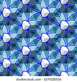 Isometric cube with a surface covered with geometric ornaments. Completely seamless, colorful cube pattern background. Optical illusion. Ornament with three-dimensional effect.