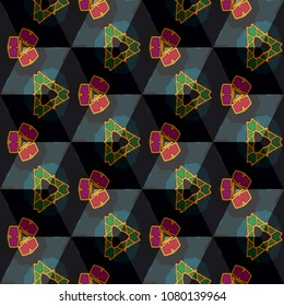 Isometric cube with a surface covered with geometric ornaments. Completely seamless, colorful cube pattern background. Optical illusion. Ornament with three-dimensional effect.