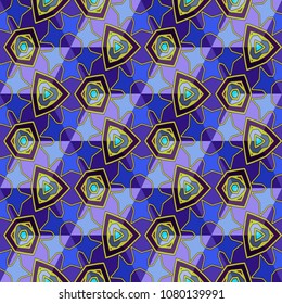 Isometric cube with a surface covered with geometric ornaments. Completely seamless, colorful cube pattern background. Optical illusion. Ornament with three-dimensional effect.