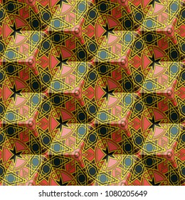 Isometric cube with a surface covered with geometric ornaments. Completely seamless, colorful cube pattern background. Optical illusion. Ornament with three-dimensional effect.