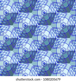Isometric cube with a surface covered with geometric ornaments. Completely seamless, colorful cube pattern background. Optical illusion. Ornament with three-dimensional effect.