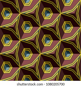 Isometric cube with a surface covered with geometric ornaments. Completely seamless, colorful cube pattern background. Optical illusion. Ornament with three-dimensional effect.