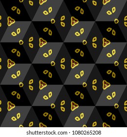 Isometric cube with a surface covered with geometric ornaments. Completely seamless, colorful cube pattern background. Optical illusion. Ornament with three-dimensional effect.