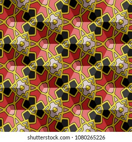 Isometric cube with a surface covered with geometric ornaments. Completely seamless, colorful cube pattern background. Optical illusion. Ornament with three-dimensional effect.