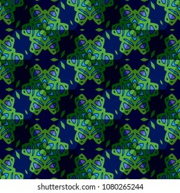 Isometric cube with a surface covered with geometric ornaments. Completely seamless, colorful cube pattern background. Optical illusion. Ornament with three-dimensional effect.