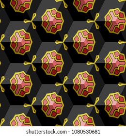 Isometric cube with a surface covered with geometric ornaments. Completely seamless, colorful cube pattern background. Optical illusion. Ornament with three-dimensional effect.