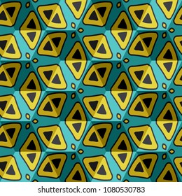 Isometric cube with a surface covered with geometric ornaments. Completely seamless, colorful cube pattern background. Optical illusion. Ornament with three-dimensional effect.