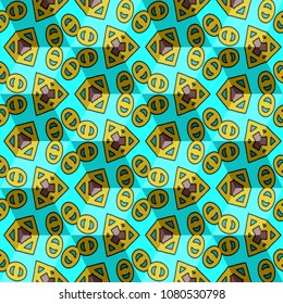 Isometric cube with a surface covered with geometric ornaments. Completely seamless, colorful cube pattern background. Optical illusion. Ornament with three-dimensional effect.