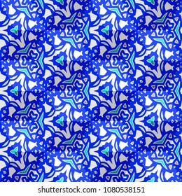 Isometric cube with a surface covered with geometric ornaments. Completely seamless, colorful cube pattern background. Optical illusion. Ornament with three-dimensional effect.