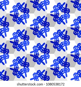 Isometric cube with a surface covered with geometric ornaments. Completely seamless, colorful cube pattern background. Optical illusion. Ornament with three-dimensional effect.