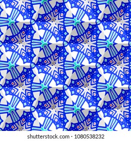 Isometric cube with a surface covered with geometric ornaments. Completely seamless, colorful cube pattern background. Optical illusion. Ornament with three-dimensional effect.