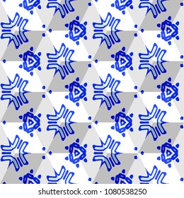 Isometric cube with a surface covered with geometric ornaments. Completely seamless, colorful cube pattern background. Optical illusion. Ornament with three-dimensional effect.