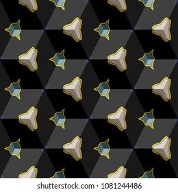 Isometric cube with a surface covered with geometric ornaments. Completely seamless, colorful cube pattern background. Optical illusion. Ornament with three-dimensional effect.