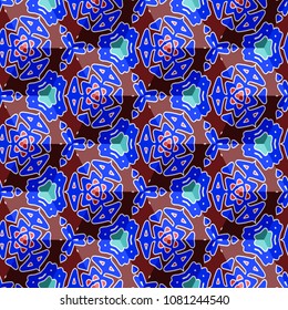 Isometric cube with a surface covered with geometric ornaments. Completely seamless, colorful cube pattern background. Optical illusion. Ornament with three-dimensional effect.
