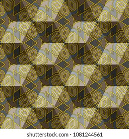 Isometric cube with a surface covered with geometric ornaments. Completely seamless, colorful cube pattern background. Optical illusion. Ornament with three-dimensional effect.