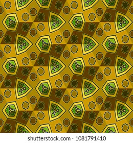 Isometric cube with a surface covered with geometric ornaments. Completely seamless, colorful cube pattern background. Optical illusion. Ornament with three-dimensional effect.