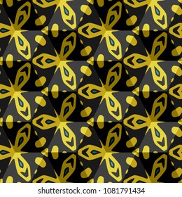 Isometric cube with a surface covered with geometric ornaments. Completely seamless, colorful cube pattern background. Optical illusion. Ornament with three-dimensional effect.