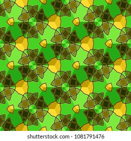 Isometric cube with a surface covered with geometric ornaments. Completely seamless, colorful cube pattern background. Optical illusion. Ornament with three-dimensional effect.