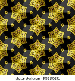 Isometric cube with a surface covered with geometric ornaments. Completely seamless, colorful cube pattern background. Optical illusion. Ornament with three-dimensional effect.