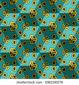 Isometric cube with a surface covered with geometric ornaments. Completely seamless, colorful cube pattern background. Optical illusion. Ornament with three-dimensional effect.
