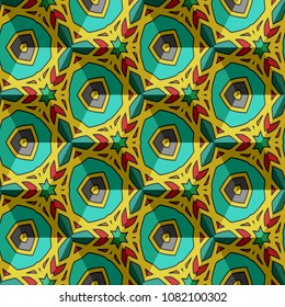 Isometric cube with a surface covered with geometric ornaments. Completely seamless, colorful cube pattern background. Optical illusion. Ornament with three-dimensional effect.