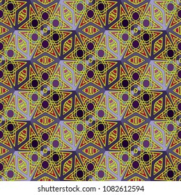 Isometric cube with a surface covered with geometric ornaments. Completely seamless, colorful cube pattern background. Optical illusion. Ornament with three-dimensional effect.