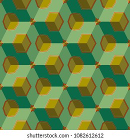 Isometric cube with a surface covered with geometric ornaments. Completely seamless, colorful cube pattern background. Optical illusion. Ornament with three-dimensional effect.