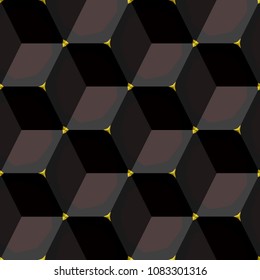 Isometric cube with a surface covered with geometric ornaments. Completely seamless, colorful cube pattern background. Optical illusion. Ornament with three-dimensional effect.