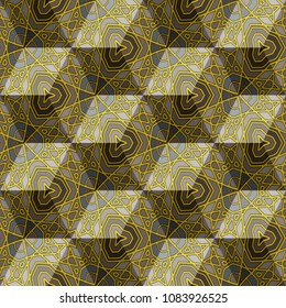 Isometric cube with a surface covered with geometric ornaments. Completely seamless, colorful cube pattern background. Optical illusion. Ornament with three-dimensional effect.