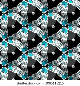 Isometric cube with a surface covered with geometric ornaments. Completely seamless, colorful cube pattern background. Optical illusion. Ornament with three-dimensional effect.