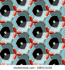 Isometric cube with a surface covered with geometric ornaments. Completely seamless, colorful cube pattern background. Optical illusion. Ornament with three-dimensional effect.