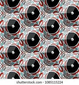 Isometric cube with a surface covered with geometric ornaments. Completely seamless, colorful cube pattern background. Optical illusion. Ornament with three-dimensional effect.