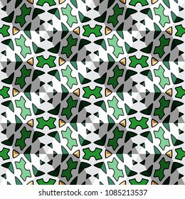 Isometric cube with a surface covered with geometric ornaments. Completely seamless, colorful cube pattern background. Optical illusion. Texture for floor, carpet, puzzles, posters or fliers.