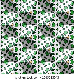 Isometric cube with a surface covered with geometric ornaments. Completely seamless, colorful cube pattern background. Optical illusion. Texture for floor, carpet, puzzles, posters or fliers.