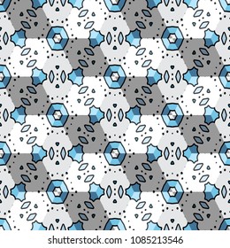 Isometric cube with a surface covered with geometric ornaments. Completely seamless, colorful cube pattern background. Optical illusion. Texture for floor, carpet, puzzles, posters or fliers.